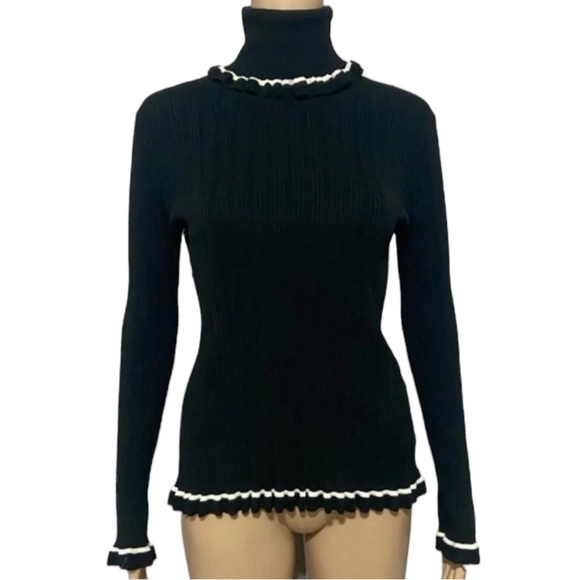 KATE SPADE Black Ribbed Turtleneck With White Ruffled Trim Women's Size M - Picture 3 of 12